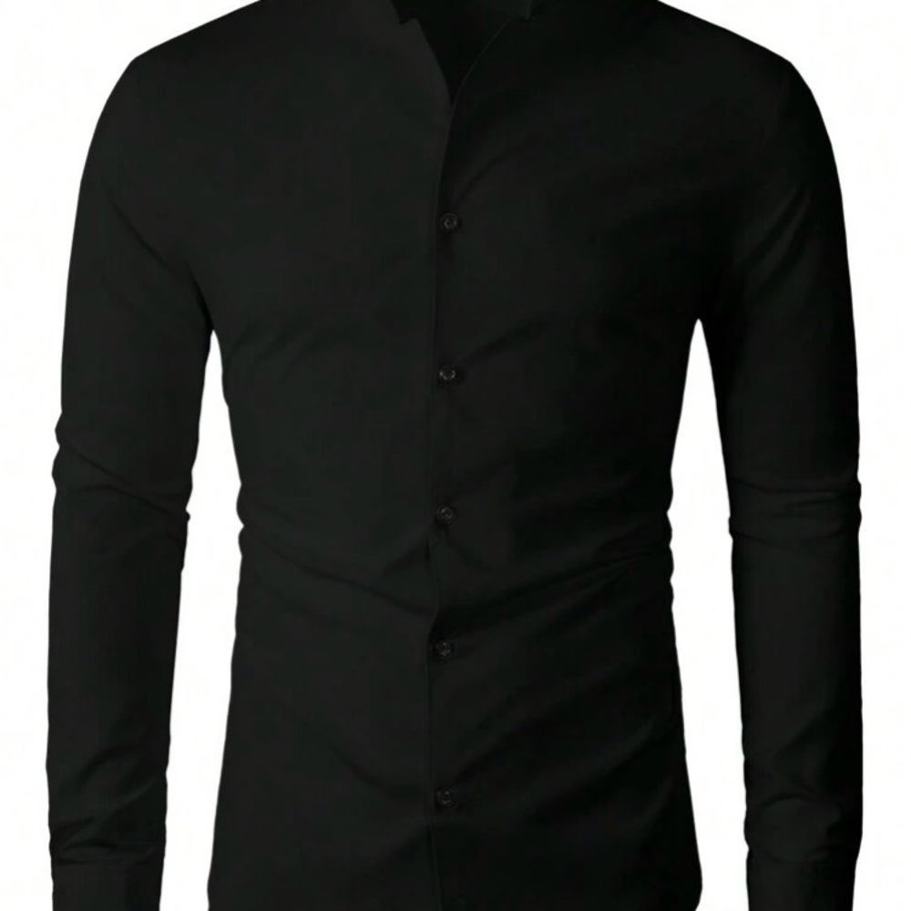 Men’s pocket solid black Long sleeve stand collar shirt